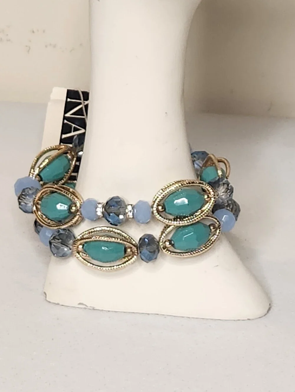 Napier Necklace & Bracelet Set Gold Tone Oval Chain Links Sea Green Blue Beads - Picture 2 of 16